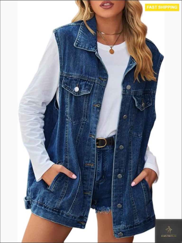 Oversized Denim Vest Button Front Sleeveless Lapel Jean Jacket With Pockets